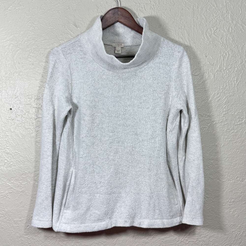 J Crew Knit Pullover Sweater S Funnel Neck Pocket Ivory Textured Minimalist Boho